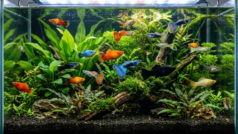 un acuario comunitario con peces platy, guppys y mollys de colores nadando entre plantas
