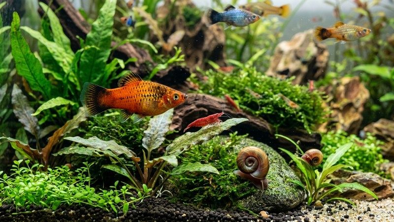 un pez platy junto a gambas y caracoles pequeños en un acuario plantado y limpio