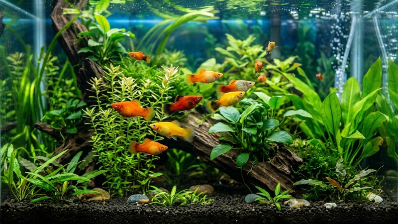 un acuario plantado sano y colorido lleno de peces platy vivos y vigorosos de distintos colores
