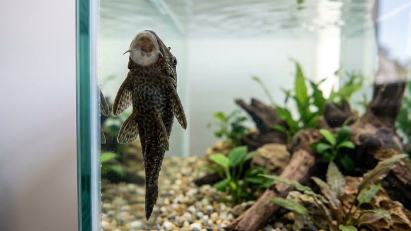 un pequeño pleco de siete centímetros pegado con su boca de ventosa al cristal interior de un acuario recién montado de agua clara