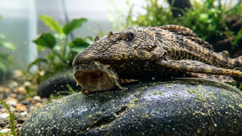 un primer plano de la piel de un pleco mostrando sus placas óseas de aspecto acorazado y su boca succionadora, sobre una roca lisa en un acuario limpio
