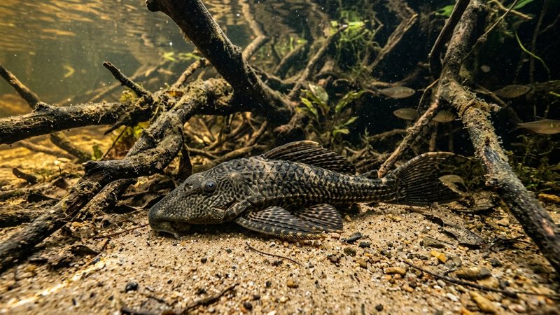un pleco descansando en un tramo de río sudamericano de aguas tranquilas y transparentes, entre raíces sumergidas y fondo de arena clara