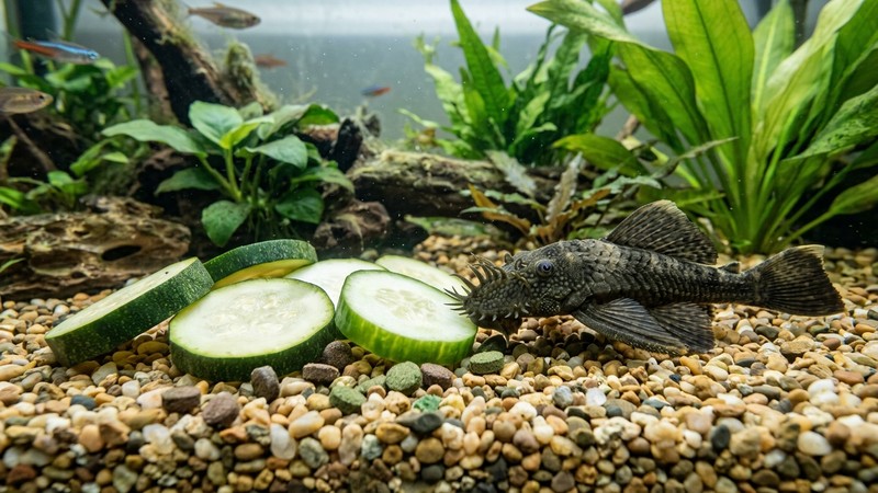 rodajas de calabacín y pepino escaldados apoyadas en el fondo de grava de un acuario limpio, junto a pastillas de fondo, con un pleco acercándose