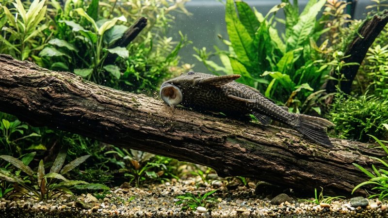un pleco raspando la superficie de un grueso tronco de madera natural sumergido en un acuario espacioso y bien plantado de agua transparente
