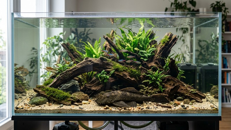 un acuario grande y espacioso con filtración abundante, troncos pesados bien anclados y un pleco adulto sano en el fondo de agua cristalina