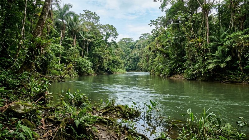 un río tropical caudaloso y natural de aguas verdosas con vegetación en las orillas, ambiente salvaje y luminoso, sin ningún animal en primer plano