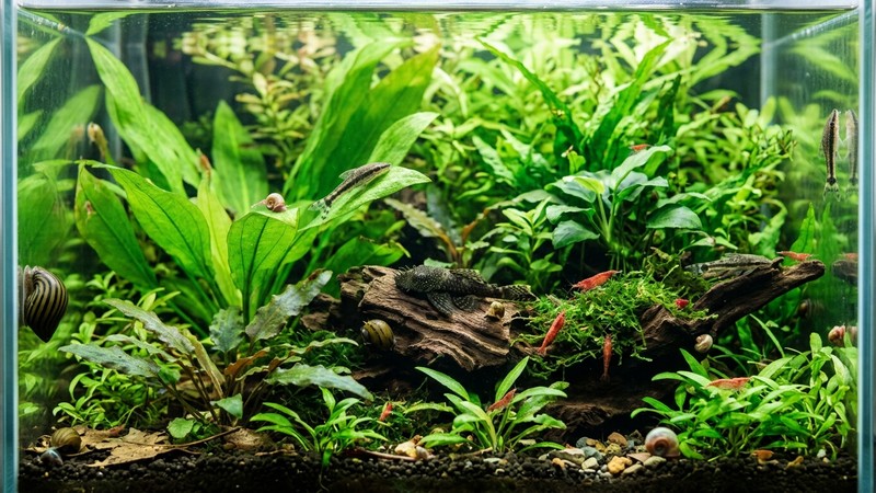 un acuario plantado y sano con un pequeño ancistrus, varios otocinclos, caracoles y gambas de limpieza entre plantas de hoja ancha y agua cristalina