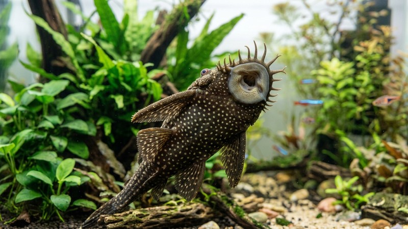 un pleco ancistrus sano y vigoroso pegado con su boca de ventosa al cristal de un acuario plantado y de agua cristalina