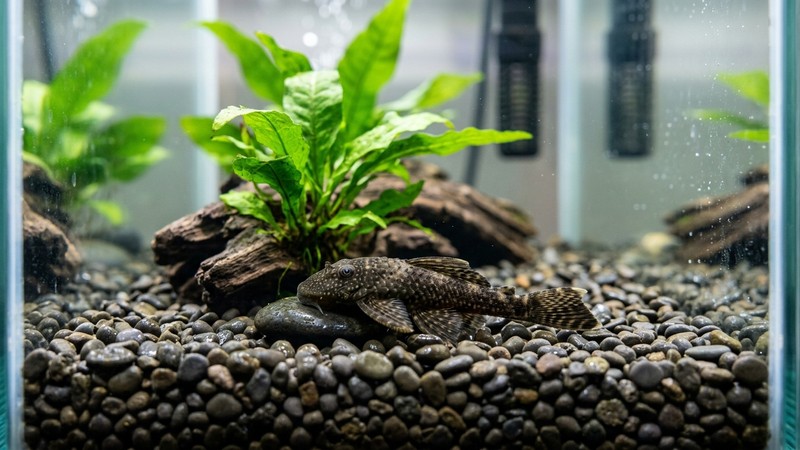 un pleco diminuto de pocos centímetros dentro de una pecera hogareña sencilla con grava y alguna planta