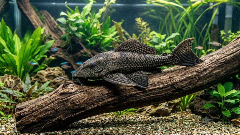 un imponente pleco común adulto de gran tamaño apoyado sobre un tronco grueso en un acuario amplio de agua clara