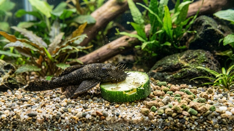 un pleco comiendo una rodaja de calabacín junto a pastillas de fondo vegetales en el sustrato de un acuario limpio