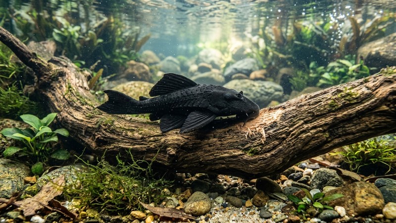 un pleco pegado a un tronco de madera natural raspando su superficie para obtener celulosa, con agua transparente