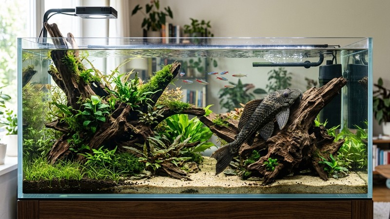 un acuario grande y espacioso de varios cientos de litros con un pleco adulto y buena filtración entre troncos anclados