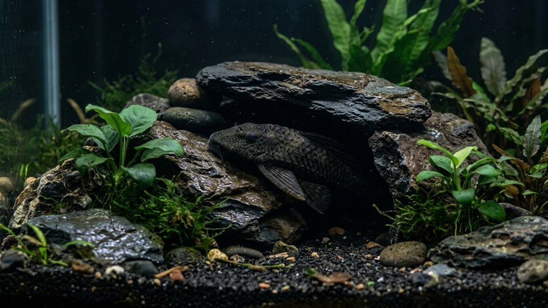 un pleco tranquilo escondido dentro de una cueva de roca en un acuario oscuro y sereno bien mantenido