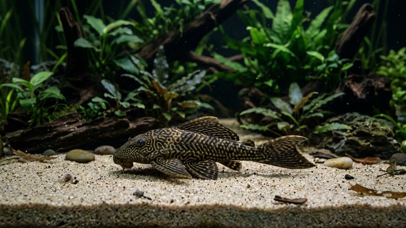un pleco nocturno moviéndose por el fondo de arena de un acuario limpio con plantas suaves de fondo