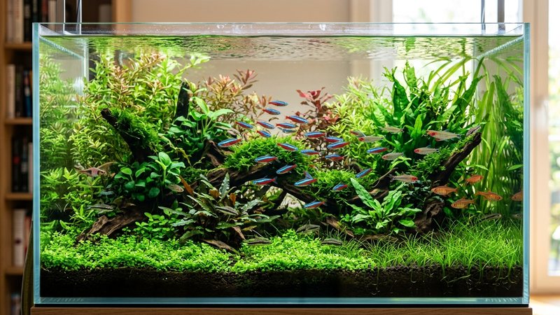 un acuario plantado sano y frondoso lleno de plantas verdes, agua cristalina y peces pequeños entre las hojas
