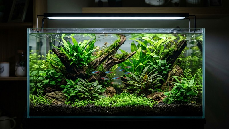 un acuario tranquilo con plantas verdes iluminadas por una pantalla LED sencilla y suave