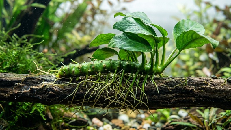 un primer plano del rizoma de una anubias apoyado sobre un tronco sin enterrar, con sus raíces finas visibles