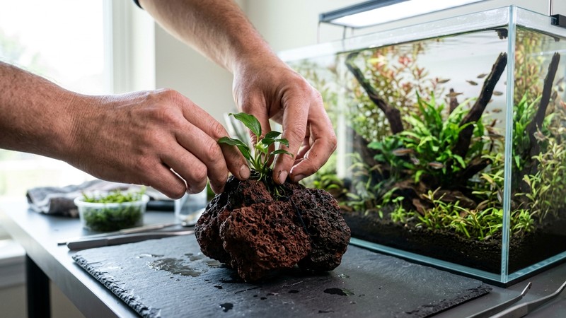 una pequeña planta epífita apoyada sobre una roca porosa junto a un acuario plantado, con sus raíces finas visibles