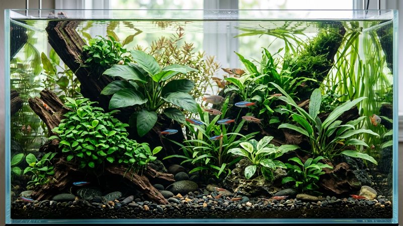 varias variedades de anubias de distintos tamaños plantadas en un acuario verde y sano