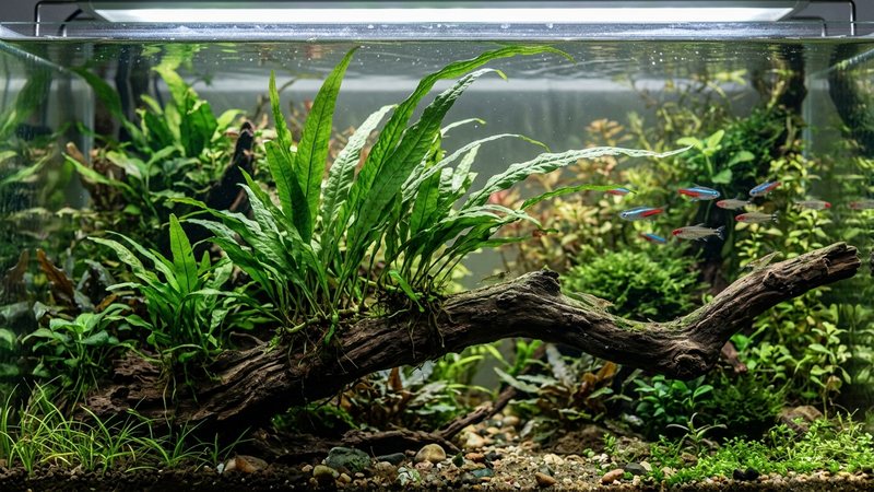 un helecho de Java de hojas alargadas atado a un tronco dentro de un acuario plantado