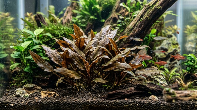 una planta de cryptocoryne de tonos marrones y café plantada en el sustrato al fondo de un acuario