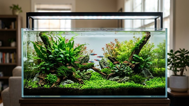 una pantalla LED encendida sobre un acuario plantado sano con luz suave y agua clara