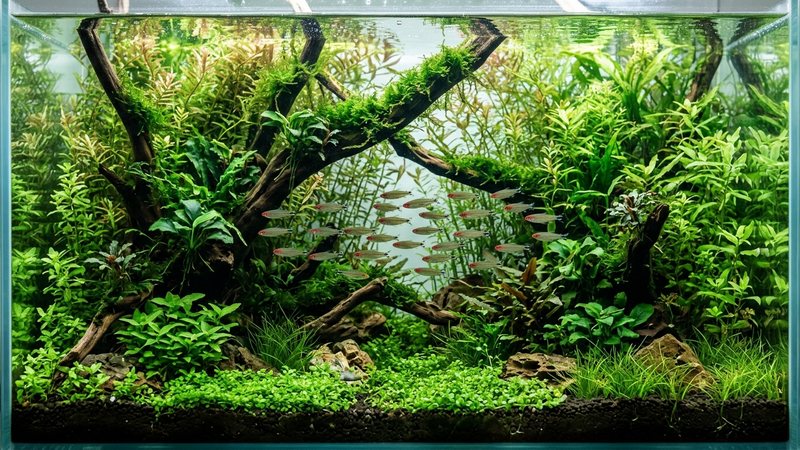 un acuario densamente plantado tipo pequeño bosque sumergido con agua cristalina y plantas verdes sanas