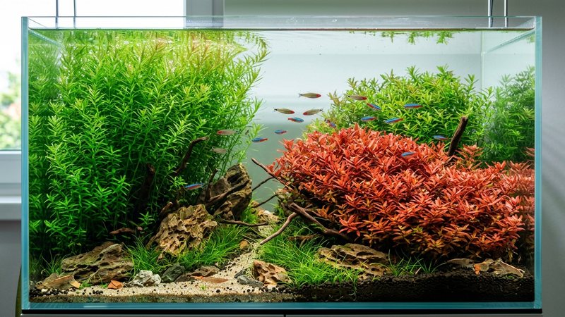 un acuario plantado con macizos bien definidos de rotalas rojas y verdes, cada especie en su propia zona con color y altura marcados, agua limpia y transparente