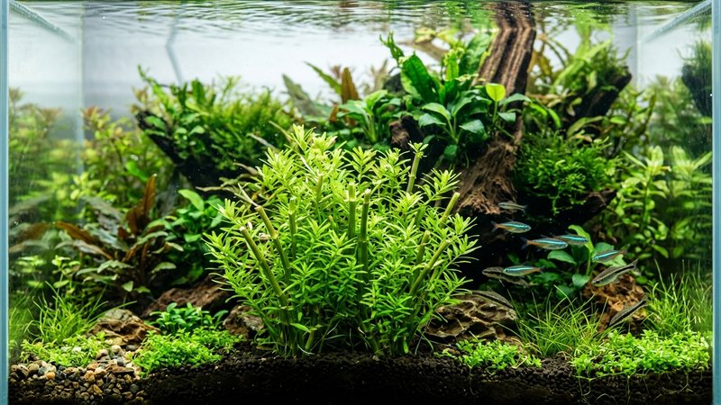 plantas de tallo recién podadas que rebrotan tupidas y ramificadas dentro de un acuario sano, brotes verdes frescos y densos, agua cristalina