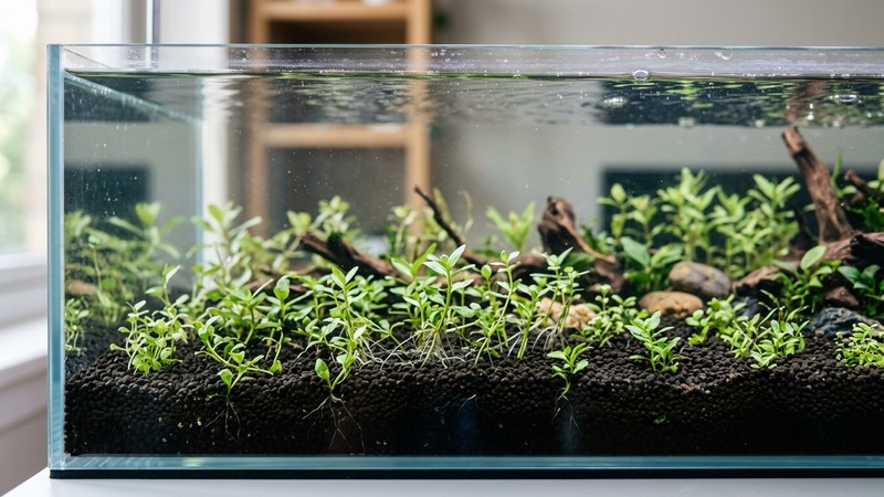 plantas jóvenes recién plantadas aclimatándose en un acuario limpio, pequeños brotes verdes con raíces asomando en un sustrato oscuro, agua transparente