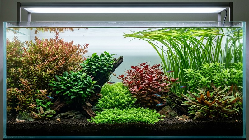 varios macizos de plantas acuáticas bien formados y separados por especie, cada bloque tupido y con silueta propia dentro de un acuario plantado sano, agua clara