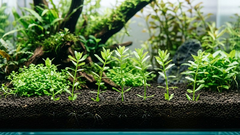 esquejes de plantas de tallo replantados y alineados en el sustrato, con puntas verdes frescas y pequeñas raíces, en un acuario plantado limpio y cristalino