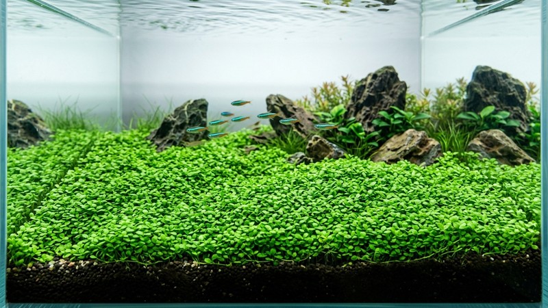 un tapiz de planta Montecarlo recortado uniforme y bajo, un manto verde denso y parejo pegado al suelo del acuario, agua transparente