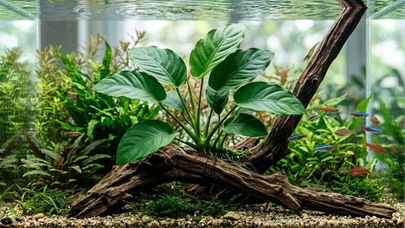 una anubia de hoja ancha y limpia, sin rastro de algas, adherida a un tronco de madera dentro de un acuario plantado sano y cristalino