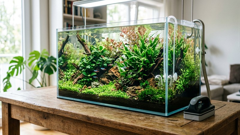 un cristal de acuario impecable y transparente, con un imán limpiacristales apoyado en reposo sobre una mesa de madera junto al acuario plantado