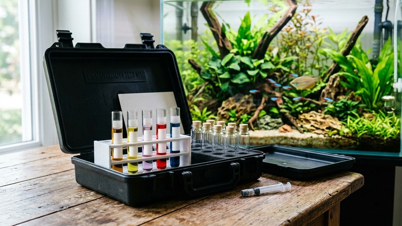un maletín de test de agua con varios tubos de colores en una gradilla sobre una mesa de madera, frascos limpios y sin etiquetas, junto a un acuario plantado al fondo desenfocado
