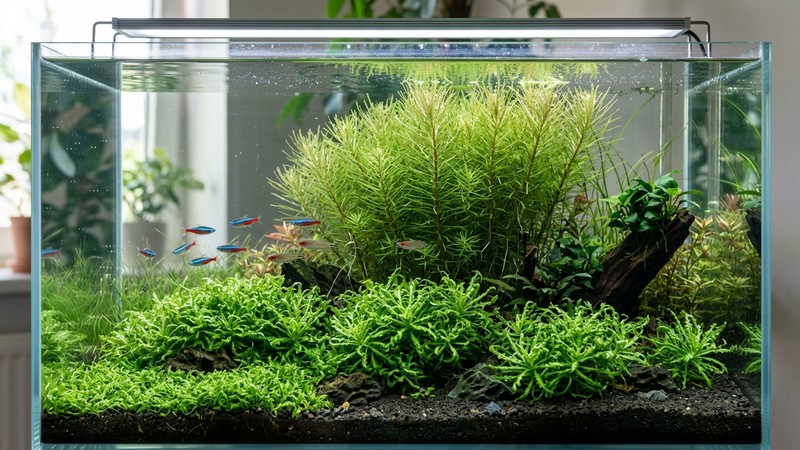 un acuario plantado tipo aquascaping donde conviven en primer plano una mata baja de Pogostemon helferi de hojas verdes rizadas en forma de estrella y al fondo un grupo de Pogostemon erectus de tallos verticales con hojas finas como agujas, agua cristalina, colores vivos y realistas