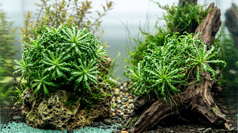 dos matas de Pogostemon helferi creciendo sobre una roca porosa y un tronco sumergido en un acuario limpio, las rosetas de hojas rizadas ganando diámetro, agua cristalina, colores vivos y realistas