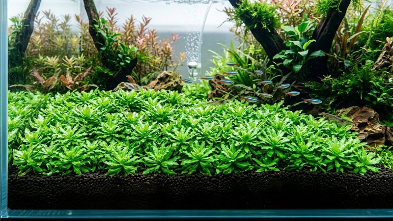 un tapiz denso de Pogostemon helferi cubriendo la zona delantera de un acuario plantado, muchas estrellitas verdes superpuestas, sustrato nutritivo oscuro, agua cristalina, colores vivos y realistas