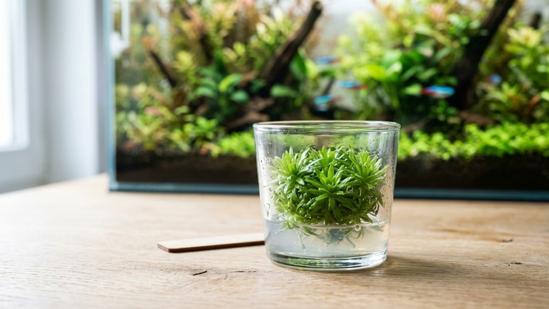 una pequeña tarrina de vivero con Pogostemon helferi en gel de cultivo apoyada sobre una mesa clara junto a un acuario plantado al fondo desenfocado, la estrella aún cerrada, colores vivos y realistas
