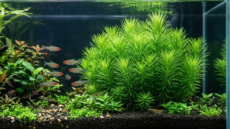 un grupo de tallos de Pogostemon erectus en la zona trasera de un acuario, con aspecto de pequeñas coníferas verdes brillantes y hojas finas como agujas apuntando hacia arriba, agua cristalina, colores vivos y realistas