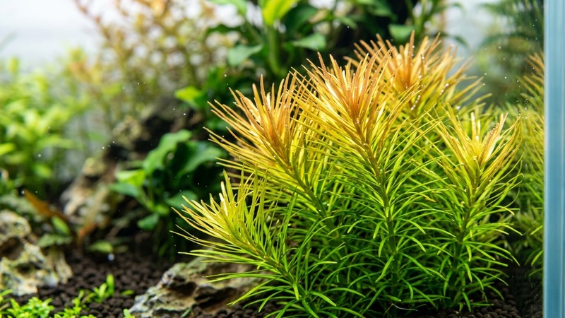 un detalle de las puntas de Pogostemon erectus con tonos verdes brillantes que viran a amarillo y cobre por la luz intensa, hojas finas de aguja, dentro de un acuario limpio de agua cristalina, colores vivos y realistas