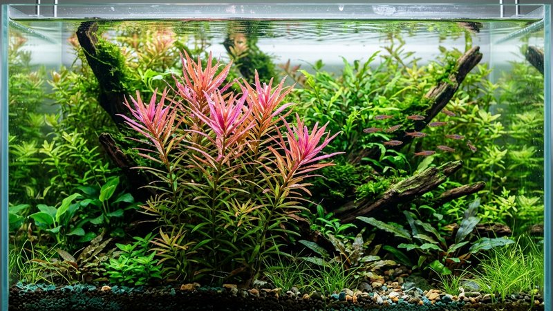 una planta de Pogostemon stellatus en un acuario plantado, tallos con hojas estrechas de tonos rosados y anaranjados contrastando con el verde del resto del montaje, agua cristalina, colores vivos y realistas