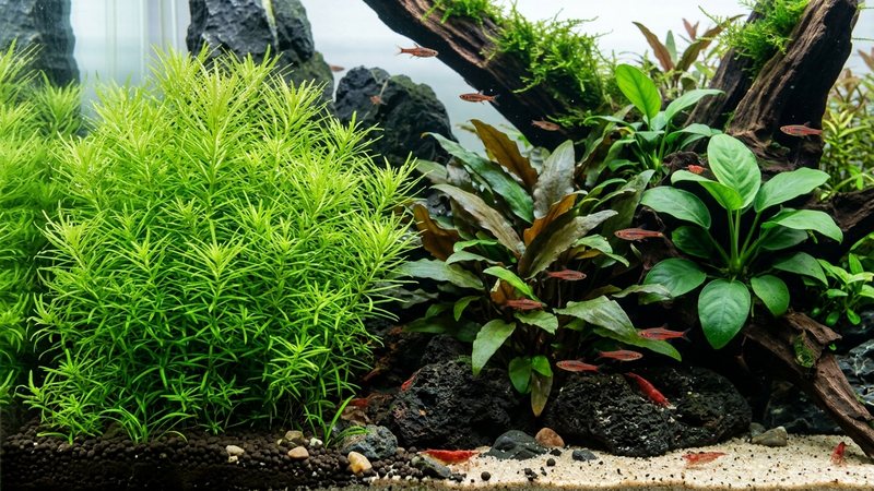 un rincón de acuascaping donde el follaje fino de Pogostemon erectus contrasta con las hojas anchas y lisas de criptocorinas y anubias vecinas, agua cristalina, colores vivos y realistas