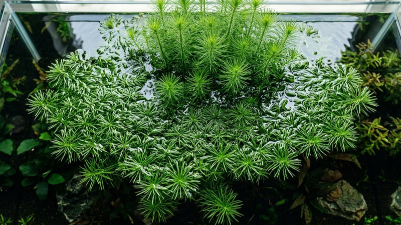 un macizo de Pogostemon erectus visto desde arriba en vista aérea, formando un patrón de agujas verdes sobre la superficie del agua de un acuario plantado, algún tallo asomando fuera del agua, colores vivos y realistas