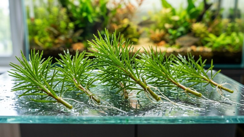 varios esquejes cortados de Pogostemon erectus en reposo sobre una superficie húmeda clara, mostrando los tallos con hojas de aguja y sus raíces, junto a un acuario plantado desenfocado al fondo, colores vivos y realistas