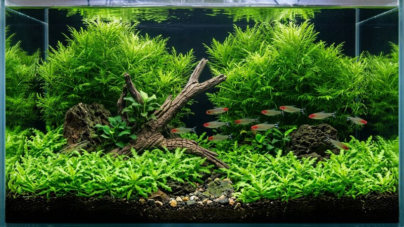 un acuario plantado equilibrado y sano donde el Pogostemon helferi ocupa el primer plano y el Pogostemon erectus el fondo, hojas de un verde vigoroso sin algas, agua totalmente cristalina, colores vivos y realistas