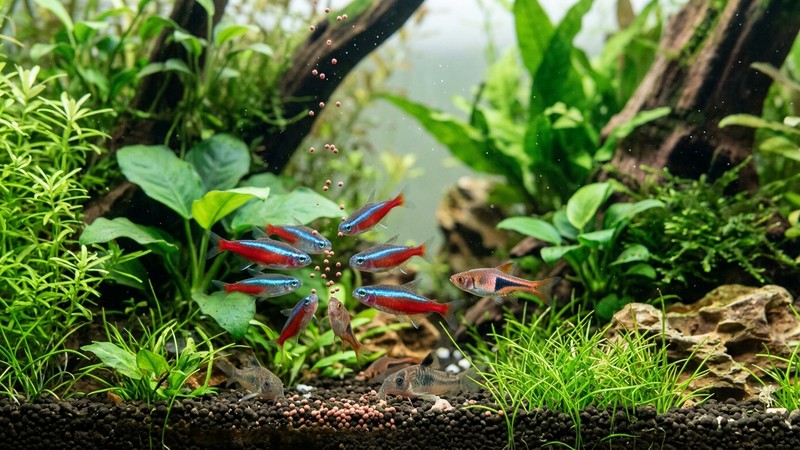 un primer plano de peces pequeños y resistentes comiendo tranquilos en un acuario plantado de agua clara