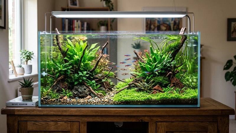 un acuario rectangular bien montado y plantado sobre un mueble, con agua transparente y decoración natural